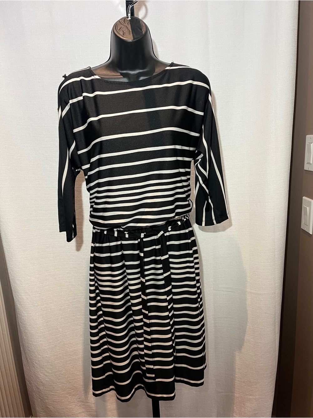 Olivia Matthews Black and White Striped Dress with Button Detail